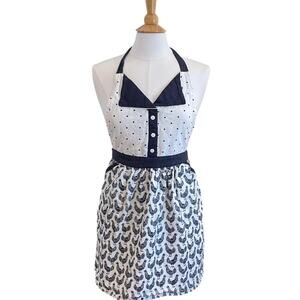Envogue Cotton Bib Apron, Navy, White, Faux Collar Detail, Rooster Print